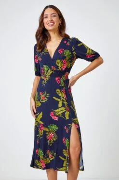 Pink Tropical Print Stretch Midi Dress -Dress Haven Sales Store 0016d919 b417 4f78 aaf4 31b16cfaee64