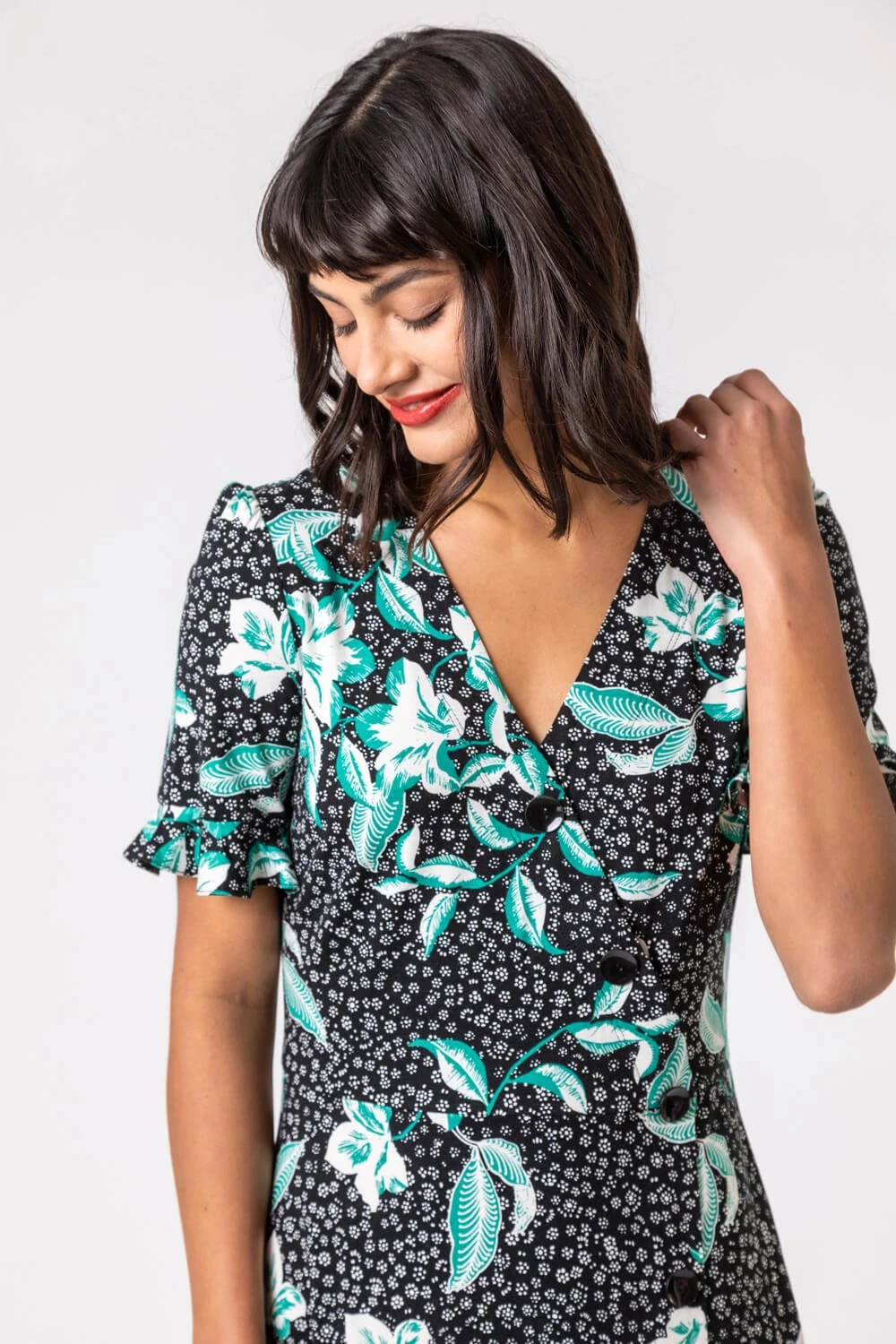 Black Floral Side Button Tea Dress 6 Black Floral Side Button Tea Dress - Image 4