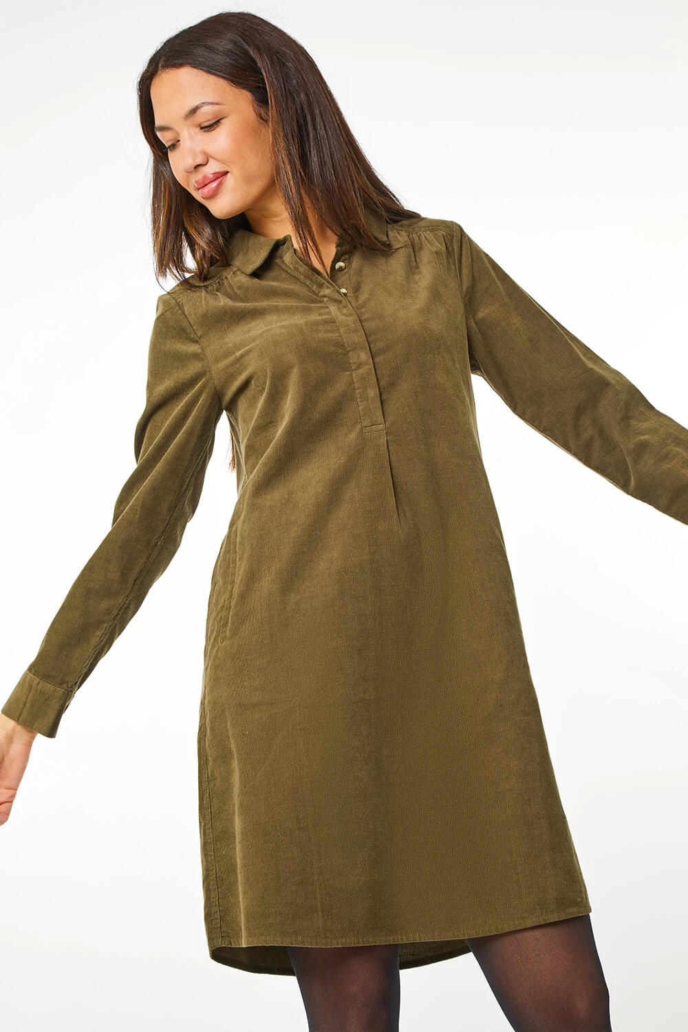 Khaki Corduroy Tunic Shirt Dress 5 Khaki Corduroy Tunic Shirt Dress - Image 3