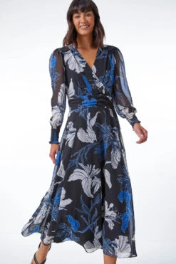 Blue Floral Print Chiffon Wrap Midi Dress