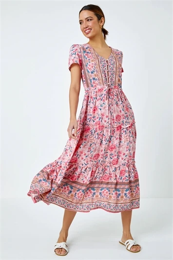 Light Pink Floral Border Shirred Waist Maxi Dress 3 Light Pink Floral Border Shirred Waist Maxi Dress - Image 2