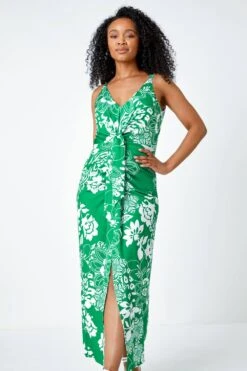 Green Petite Floral Knot Stretch Maxi Dress
