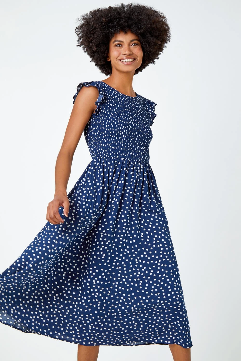 Navy Frill Sleeve Spot Shirred Midi Dress 5 Navy Frill Sleeve Spot Shirred Midi Dress - Image 3