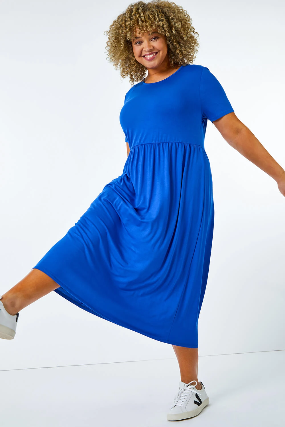 Royal Blue Curve Gathered Skirt Midi Stretch Dress 6 Royal Blue Curve Gathered Skirt Midi Stretch Dress - Image 4