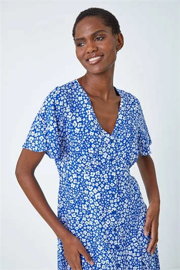 Blue Petite Leaf Print Midi Stretch Dress 5 Blue Petite Leaf Print Midi Stretch Dress - Image 3