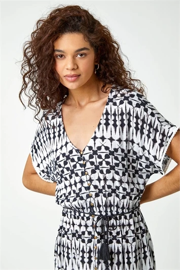 Khaki Aztec Print Tiered Midi Tea Dress 6 Khaki Aztec Print Tiered Midi Tea Dress - Image 4