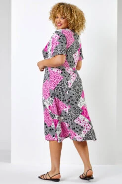 Pink Curve Patchwork Floral Midi Dress -Dress Haven Sales Store 17465265 ca26 4386 9bf2 01b0056946f6