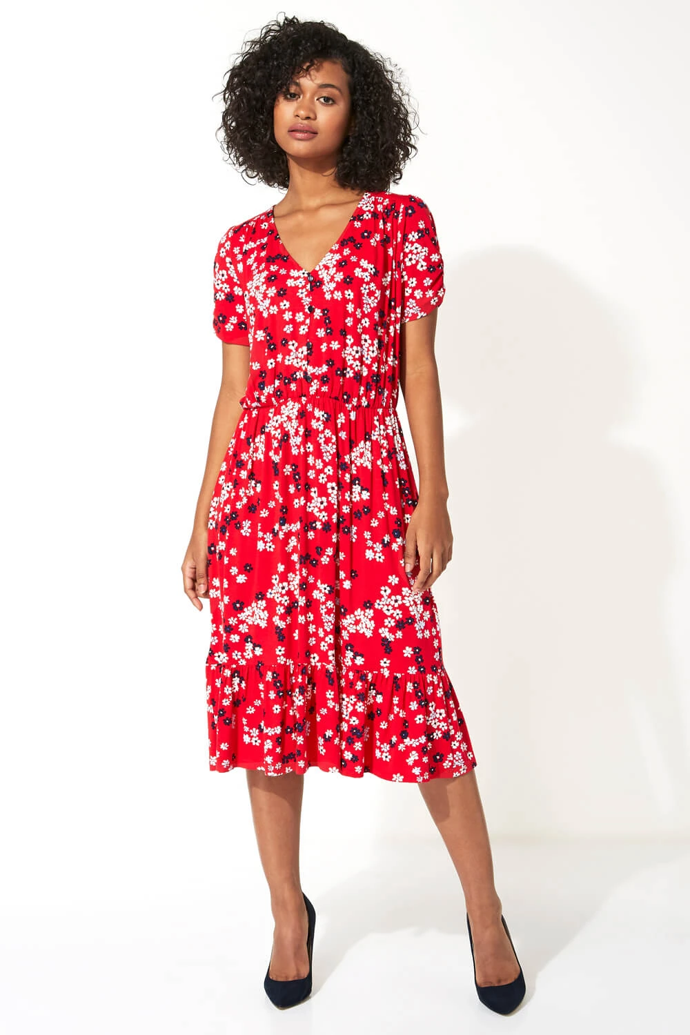 Red Floral Print Tiered Midi Dress 4 Red Floral Print Tiered Midi Dress - Image 2