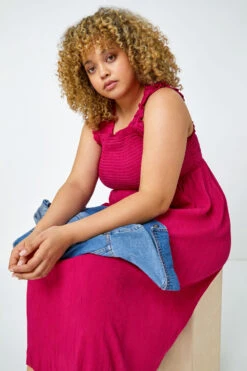 Pink Curve Sleeveless Shirred Midi Stretch Dress