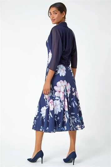 Navy Sleeveless Floral Print Bias Midi Dress 5 Navy Sleeveless Floral Print Bias Midi Dress - Image 3