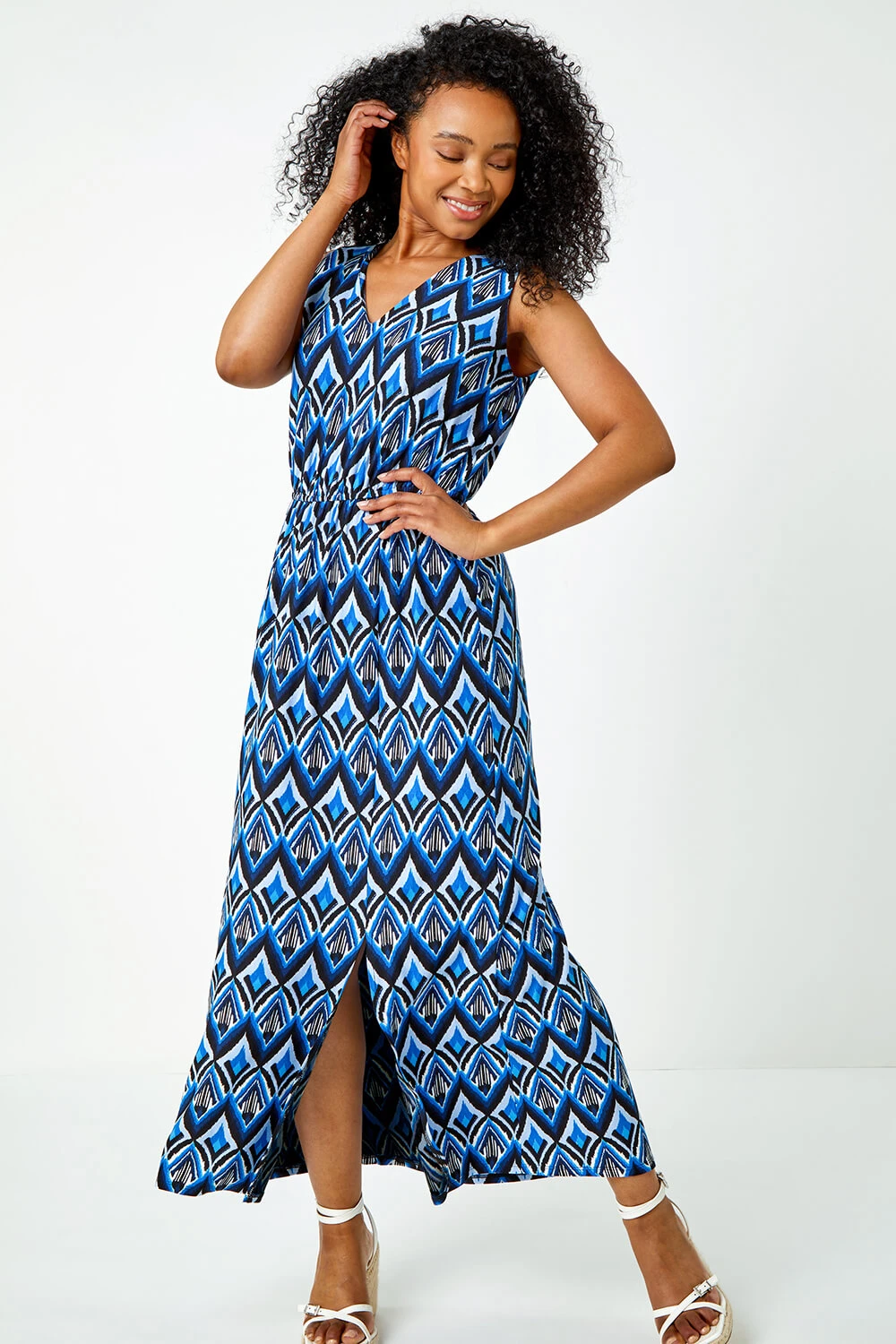 Navy Petite Aztec Print Shirred Maxi Dress 3 Navy Petite Aztec Print Shirred Maxi Dress