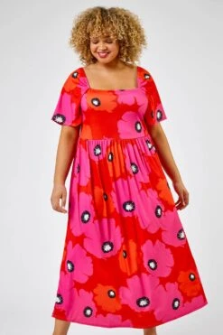 Red Curve Floral Print Square Neck Midi Dress