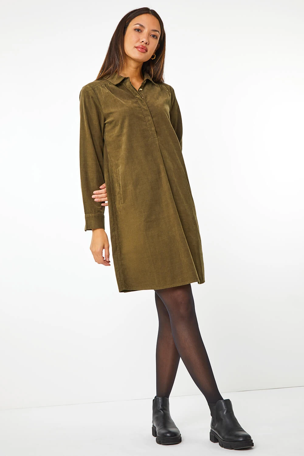 Khaki Corduroy Tunic Shirt Dress 3 Khaki Corduroy Tunic Shirt Dress