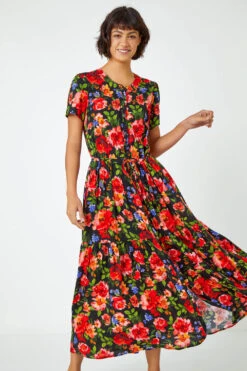 Red Floral Print Tiered Midi Dress -Dress Haven Sales Store 2691e03d 9ff7 4e33 829b fde4a7a19699