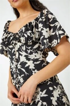 Black Sleeveless Floral Frill Hem Dress