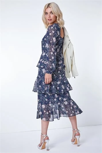 Navy Floral Print Frill Detail Midi Dress 6 Navy Floral Print Frill Detail Midi Dress - Image 4