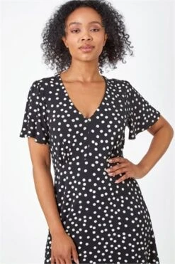 Black Sleeveless Polka Dot Midi Stretch Dress