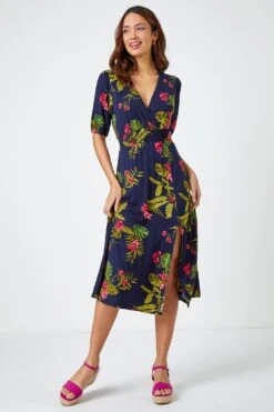 Pink Tropical Print Stretch Midi Dress -Dress Haven Sales Store 3603a8e0 91fd 4793 875d 57b475ffc97d