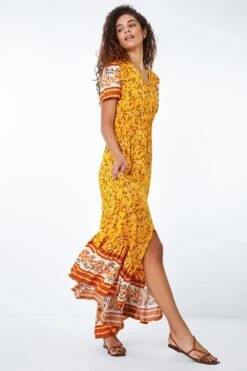 Yellow Floral Print Shirred Waist Maxi Dress -Dress Haven Sales Store 3cb88fe3 ba04 4c42 b31c b421edee0a7f