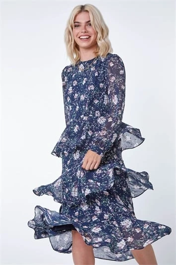 Navy Floral Print Frill Detail Midi Dress 4 Navy Floral Print Frill Detail Midi Dress - Image 2