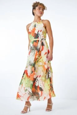 Lime Petite Tropical Print Tiered Dress