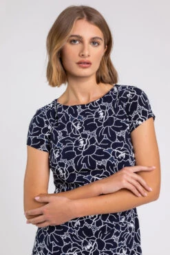 Navy White Floral Print Stretch Ruched Dress -Dress Haven Sales Store 41d58e57 3056 4769 bc3f b616acc1f8bb