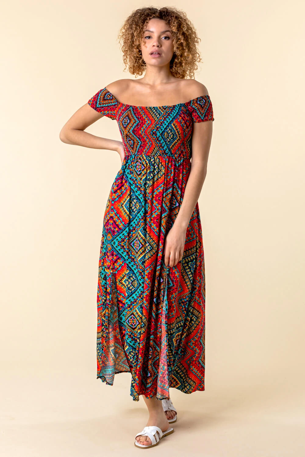 Multi Shirred Aztec Print Bardot Dress 3 Multi Shirred Aztec Print Bardot Dress