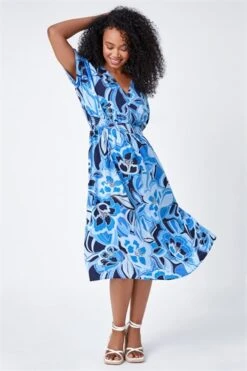 Blue Petite Floral Stretch Shirred Midi Dress -Dress Haven Sales Store 468e51cf 72e8 4dec b22e cf4c381ce07b