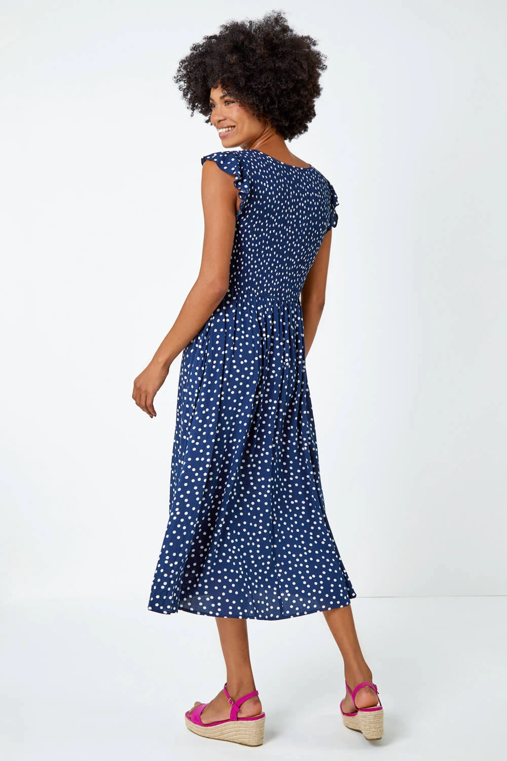 Navy Frill Sleeve Spot Shirred Midi Dress 4 Navy Frill Sleeve Spot Shirred Midi Dress - Image 2