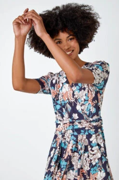 Teal Floral Print Ruched Waist Wrap Dress -Dress Haven Sales Store 4abb19b6 5a5a 4c34 9c8a 33f66d0566ad