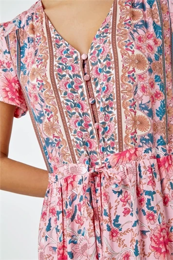 Light Pink Floral Border Shirred Waist Maxi Dress 5 Light Pink Floral Border Shirred Waist Maxi Dress - Image 4