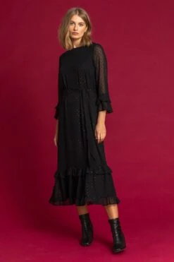 Black Foil Spot Print Frill Dress