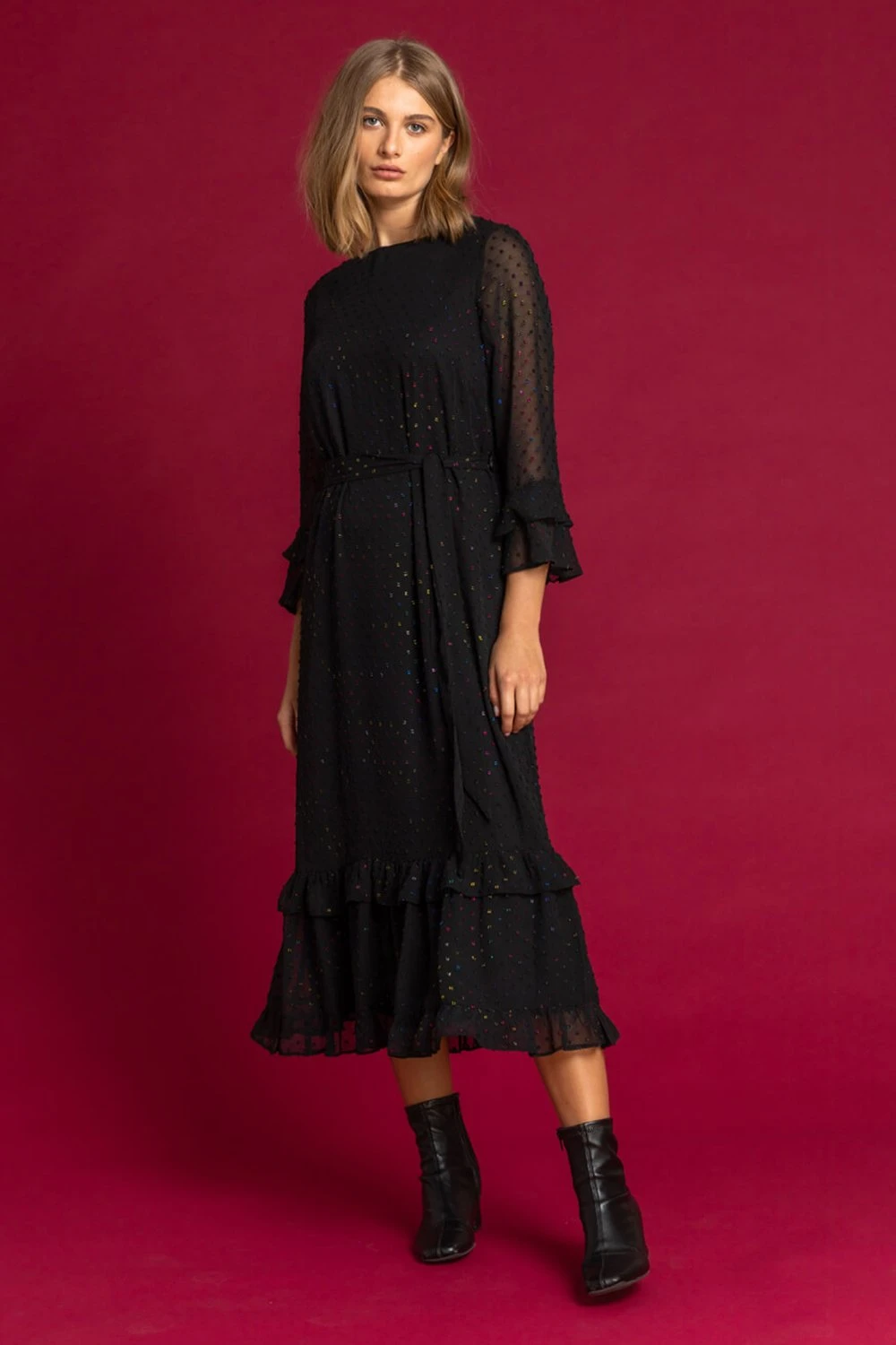 Black Foil Spot Print Frill Dress