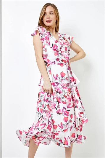Pink Petite Floral Print Cape Midi Dress 6 Pink Petite Floral Print Cape Midi Dress - Image 4