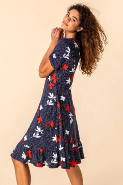 Navy Floral Spot Print Frill Stretch Dress -Dress Haven Sales Store 56b456c8 84cc 4b0a bf43 5e45c01593da