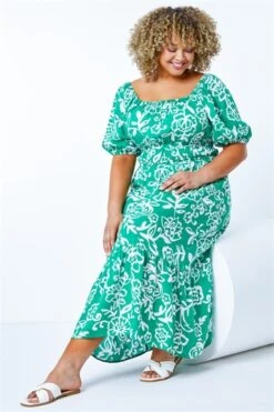 Green Curve Gathered Skirt Midi Stretch Dress