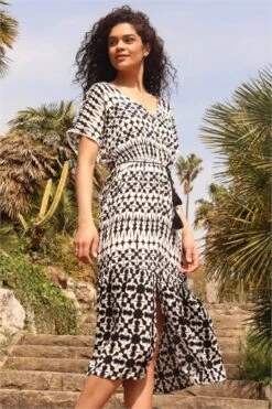 Khaki Aztec Print Tiered Midi Tea Dress