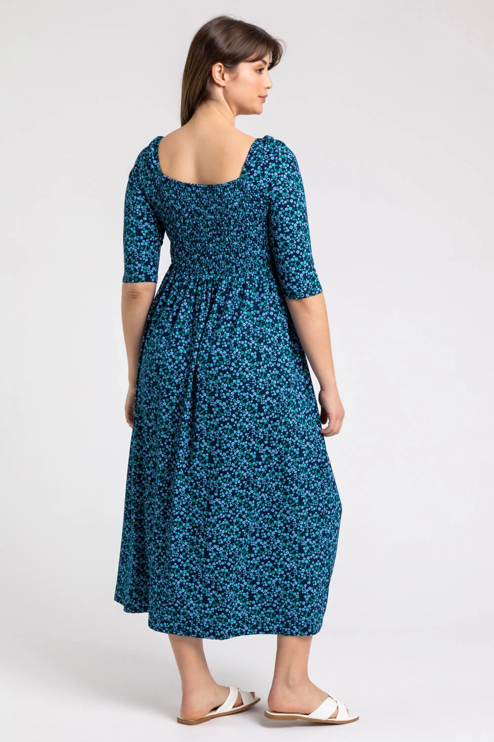 Blue Curve Ditsy Floral Shirred Midi Dress 4 Blue Curve Ditsy Floral Shirred Midi Dress - Image 2