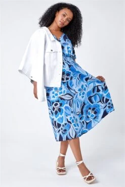 Blue Petite Floral Stretch Shirred Midi Dress -Dress Haven Sales Store 635fb1bd 87f9 4308 bd2a 04b912ce73ff