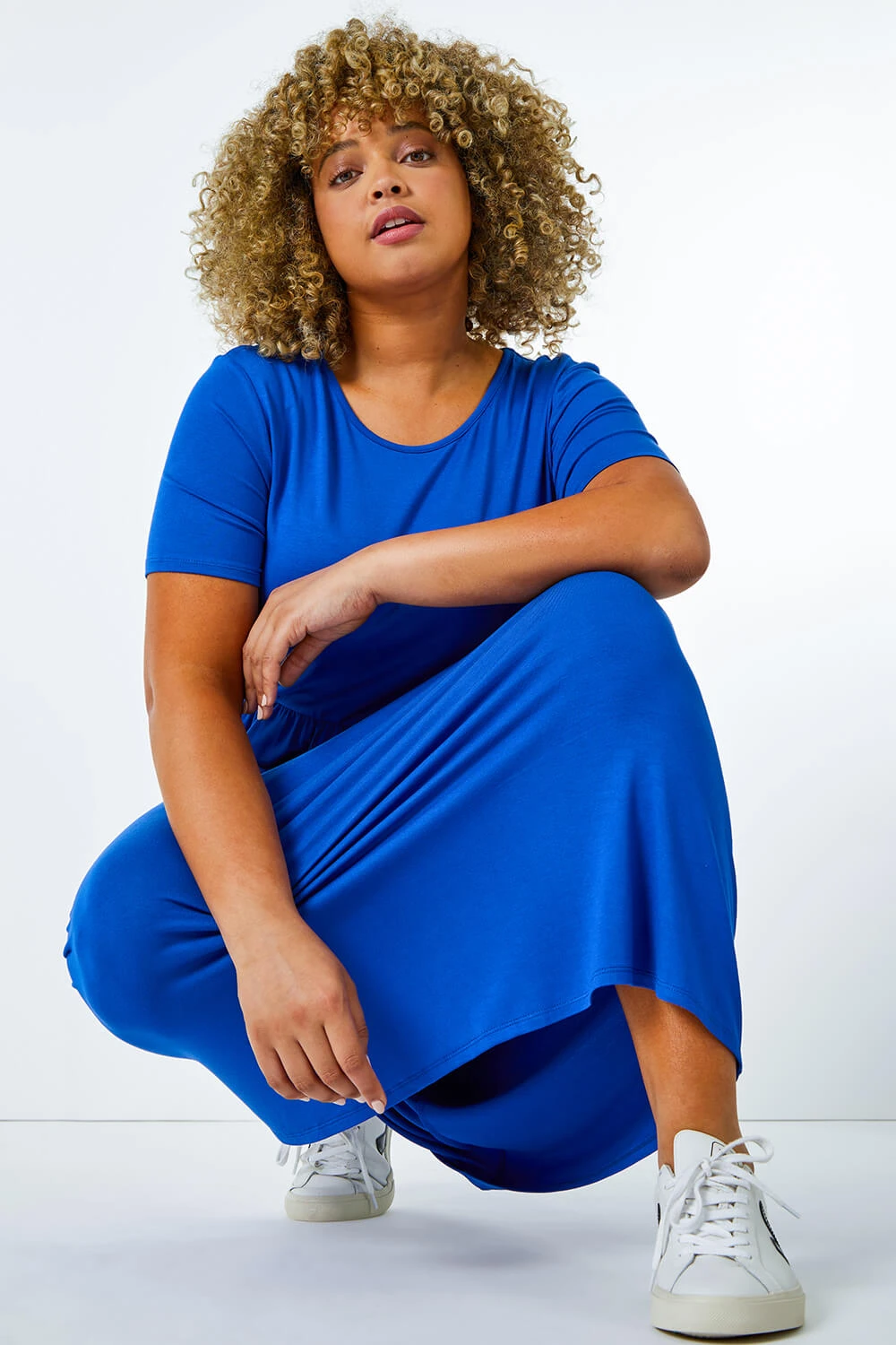 Royal Blue Curve Gathered Skirt Midi Stretch Dress 3 Royal Blue Curve Gathered Skirt Midi Stretch Dress