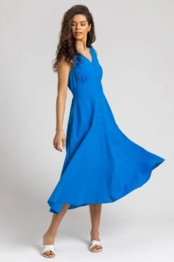 Royal Blue Button Detail Cotton Midi Dress -Dress Haven Sales Store 68bc3130 af0c 4086 ac12 0f3493364a42