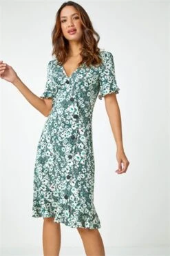 Green Floral Print Button Detail Midi Dress -Dress Haven Sales Store 70a182dd 2220 4950 8d6c 7886e14e7207