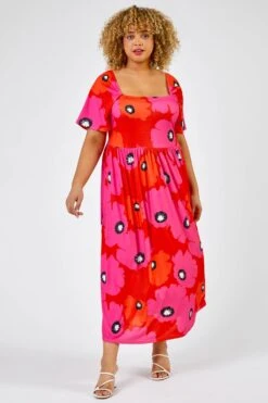 Red Curve Floral Print Square Neck Midi Dress -Dress Haven Sales Store 710e7376 7bea 4f5e a63c ba15a8e68b00