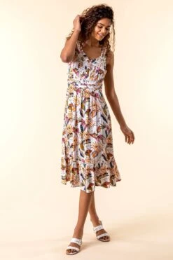 Orange Leaf Print Midi Length Sun Dress -Dress Haven Sales Store 7a10cdcf c3db 4f7c a639 f78a9c65ee38