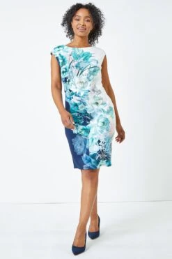 Navy Petite Premium Stretch Floral Shift Dress