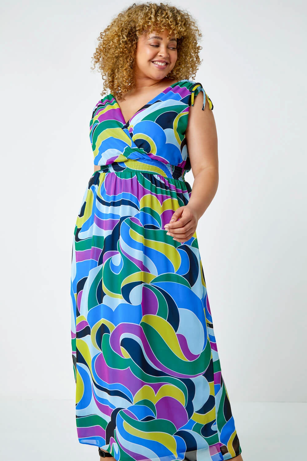 Purple Curve Abstract Shirred Stretch Maxi Dress 4 Purple Curve Abstract Shirred Stretch Maxi Dress - Image 2