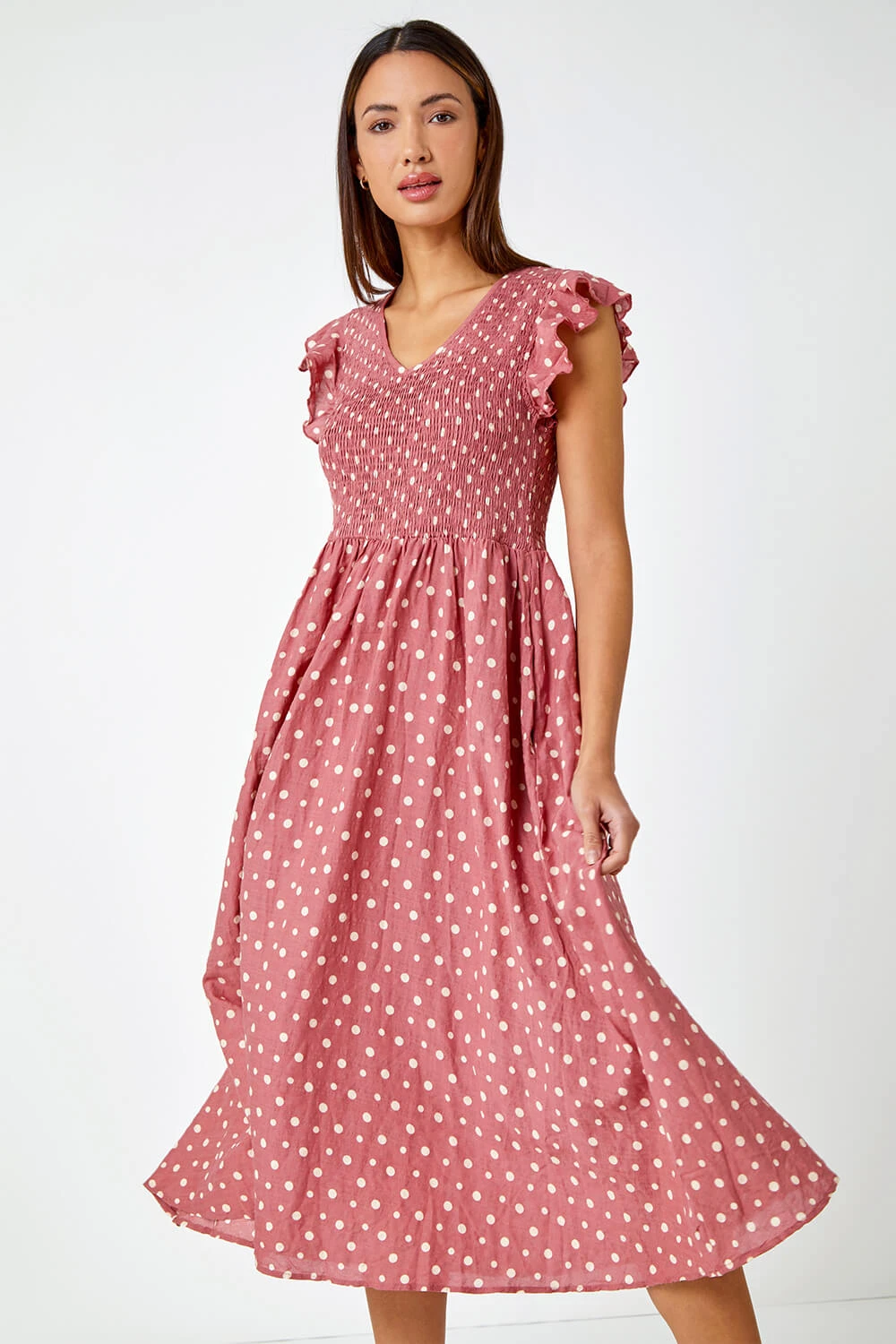 Pink Frill Sleeve Spot Shirred Midi Dress 4 Pink Frill Sleeve Spot Shirred Midi Dress - Image 2