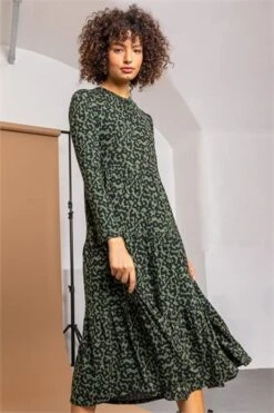Green Animal Print Midi Dress