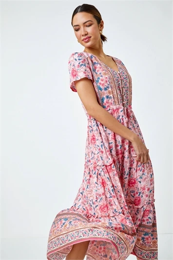 Light Pink Floral Border Shirred Waist Maxi Dress 6 Light Pink Floral Border Shirred Waist Maxi Dress - Image 5