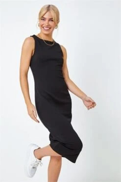 Black Shirred Frill Hem Stretch Dress